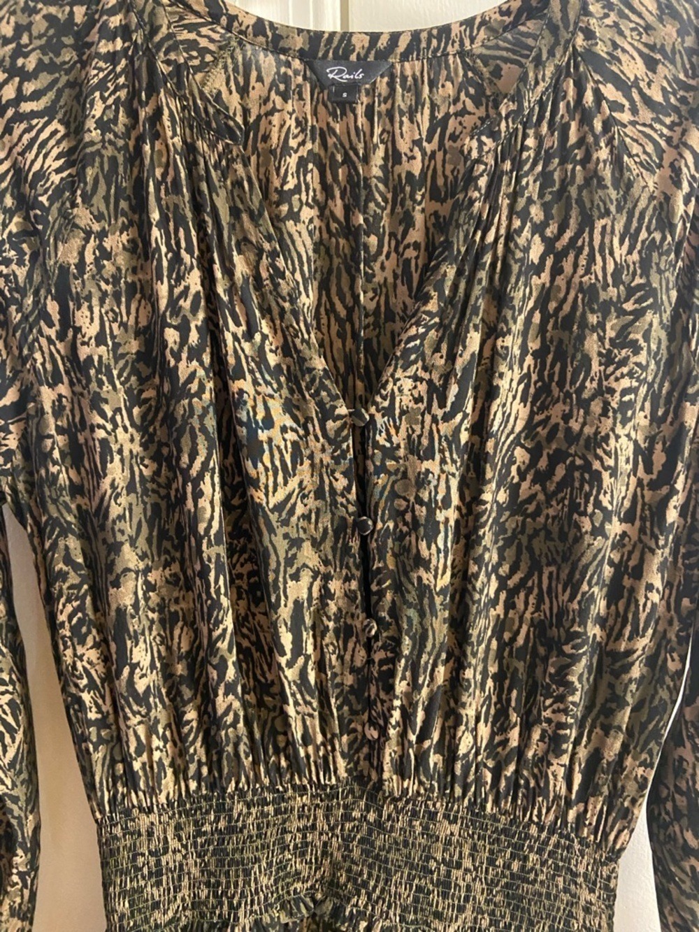 Rails Olive Print V-Neck Smocked Mini Dress Small - Picture 4 of 8